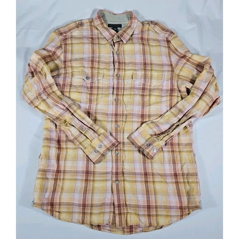 Banana Republic Long Sleeve Button Up Linen-Cotton Shirt Large 16-16.5 Plaid